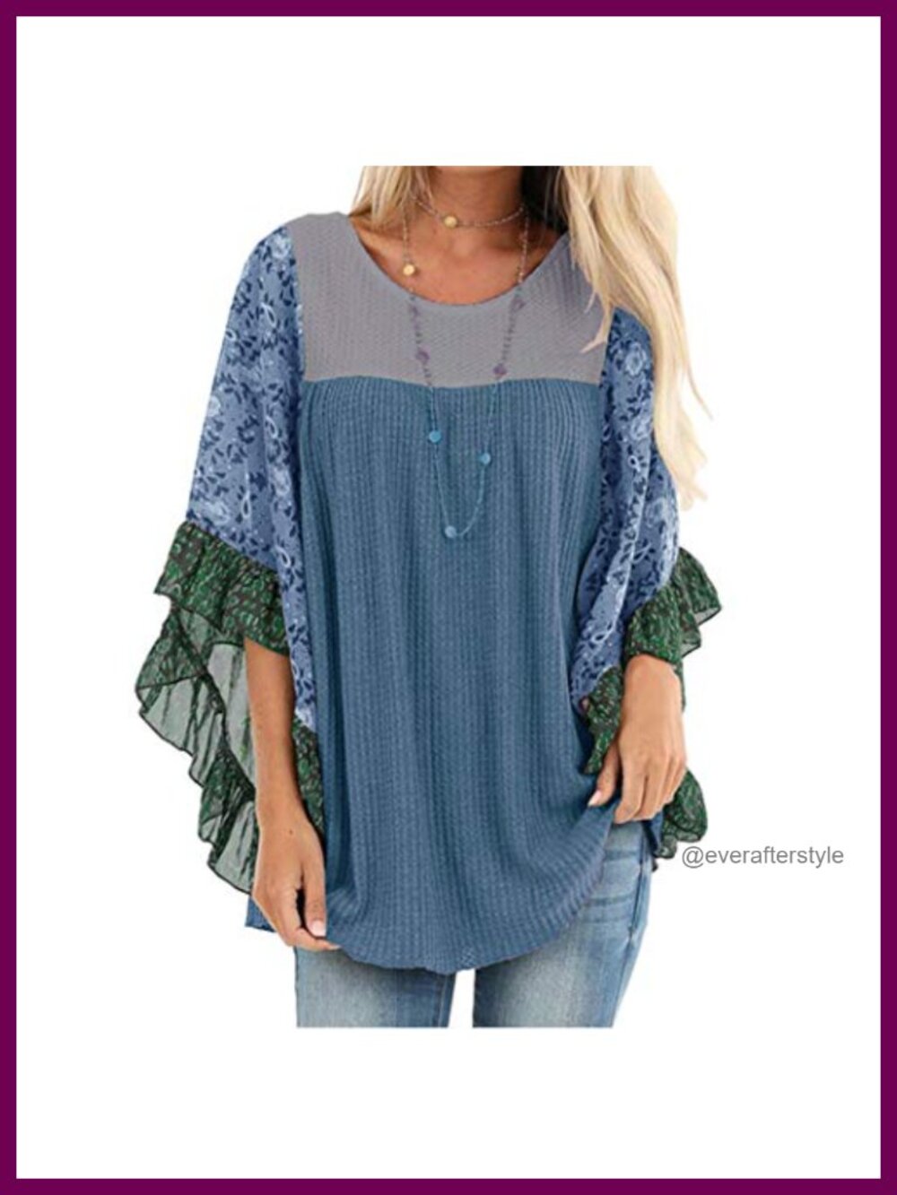 Womens Floral Waffle Knit Blouse Batwing 3/4 Sleeve Loose Fit Pullover Top